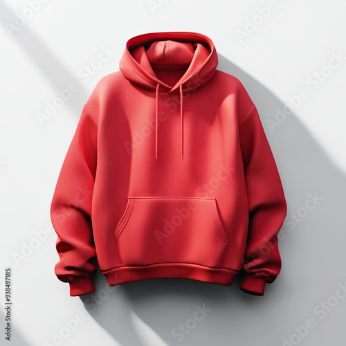 A red hoodie with a pocket and drawstring, hanging on a white background with sunlight shining through the window.