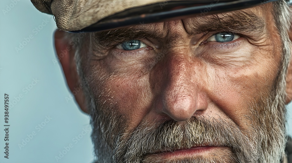 A close-up portrait of a sailor wearing a traditional cap, showcasing weathered skin and a beard, light solid color background A close-up portrait of a sailor wearing a traditional cap, showcasing weathered skin and a beard, light solid color background