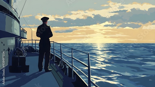 A sailor standing on the deck of a ship, gazing at the horizon with determination, light solid color background