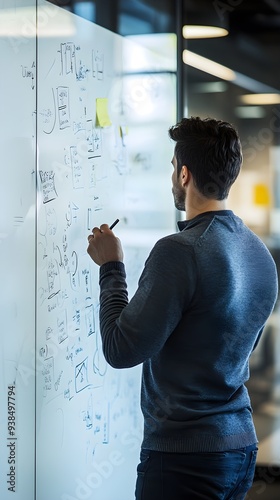 An SEO specialist brainstorming keywords on a whiteboard in a modern office setting
