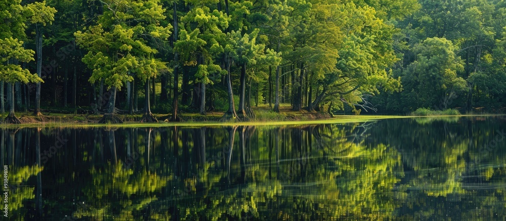 Bank Of River With Thick Forest Reflected In Water Bank Of River With Thick Forest Reflected In Water