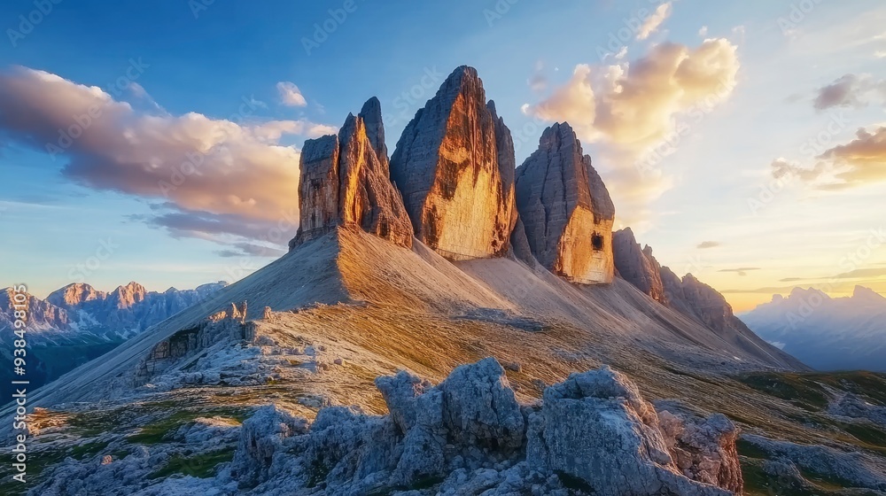 Naklejka premium A mighty rocky massif Tre Cime di Lavaredo. Location place Italian Alps, Sexten Dolomiti, South Tyrol, Europe. Photo wallpaper. Popular tourist attraction. Discover the beauty of earth , ai