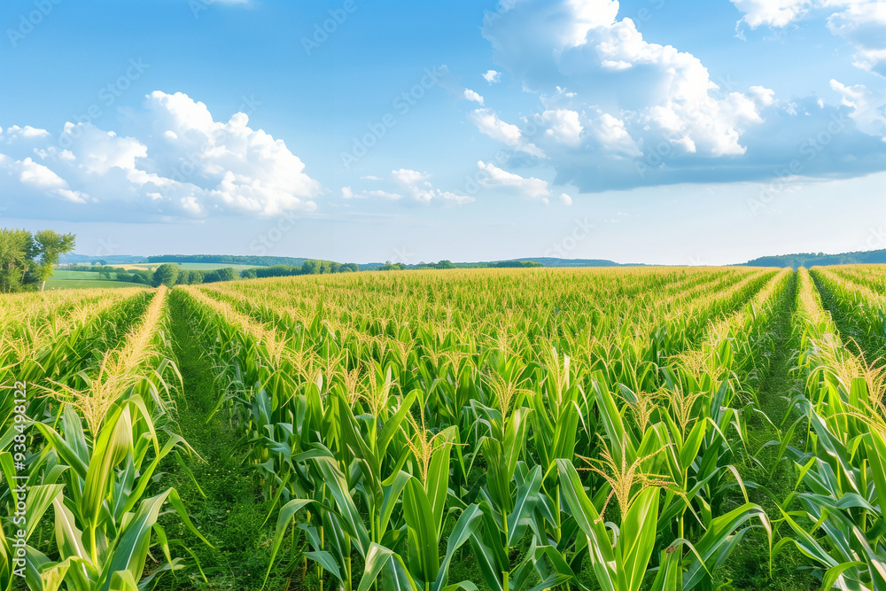 Beautiful cornfield landscape under bright blue sky. Lush green corn plants stretch as far as the eye can see showcasing an agricultural scene rich in nature's bounty Beautiful cornfield landscape under bright blue sky. Lush green corn plants stretch as far as the eye can see showcasing an agricultural scene rich in nature's bounty