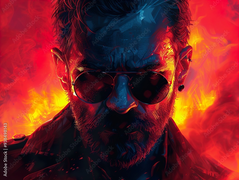 Intense Portrait of a Man in Sunglasses with Fire and Smoke Background Intense Portrait of a Man in Sunglasses with Fire and Smoke Background