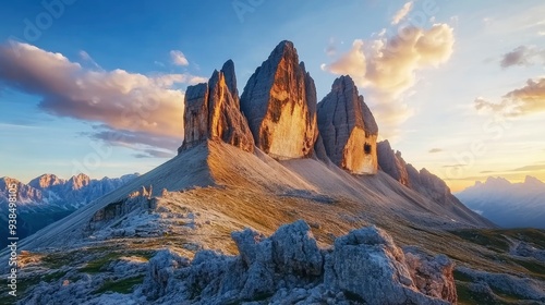 A mighty rocky massif Tre Cime di Lavaredo. Location place Italian Alps, Sexten Dolomiti, South Tyrol, Europe. Photo wallpaper. Popular tourist attraction. Discover the beauty of earth , ai