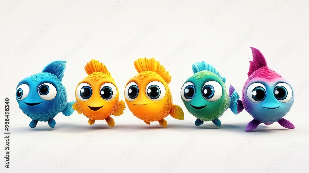 Obraz premium Cute 3D cartoon fish with big, beautiful eyes, in vibrant colors, showcasing various characters on a white background