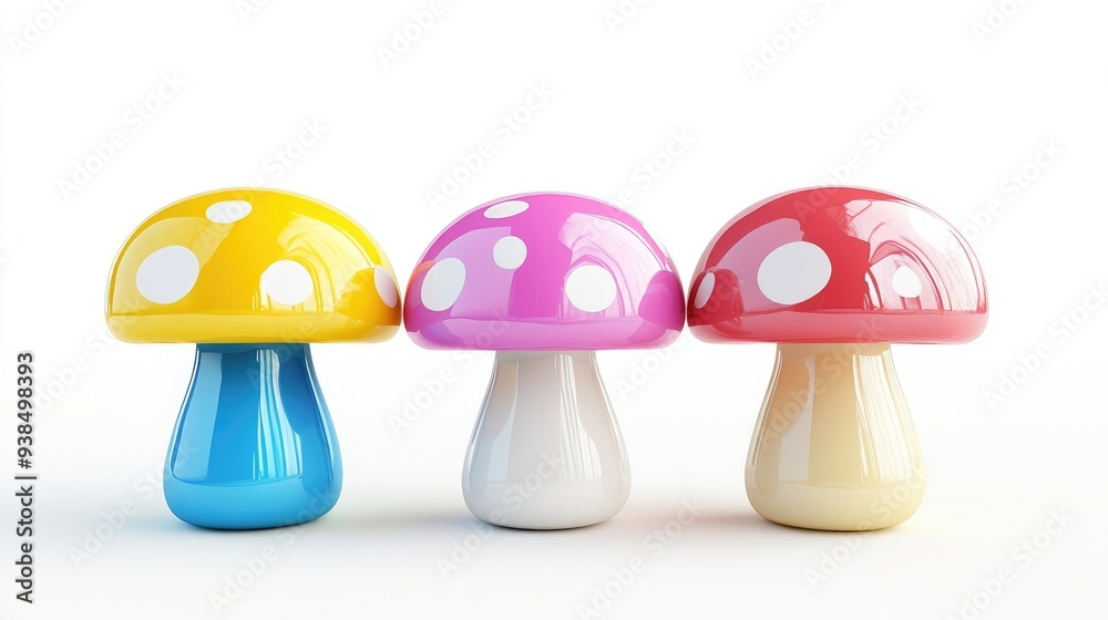 Cute 3D cartoon mushrooms with vibrant caps, standing out against a white background, perfect for a fun and lively look Cute 3D cartoon mushrooms with vibrant caps, standing out against a white background, perfect for a fun and lively look