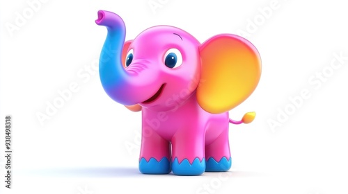 Cute 3D cartoon elephant with a cheerful smile, vibrant colors, and a swinging trunk, standing out on a white background