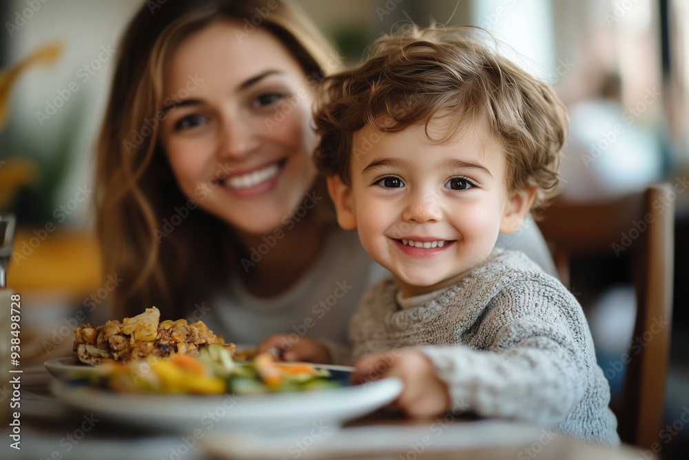 A joyful moment shared between a smiling boy and his mother during mealtime in a cozy restaurant A joyful moment shared between a smiling boy and his mother during mealtime in a cozy restaurant