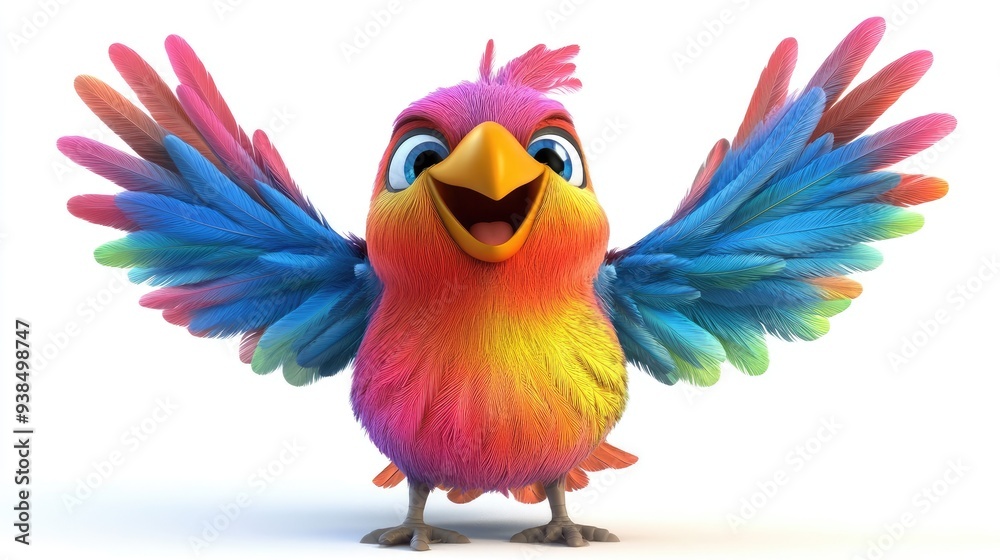 Fototapeta premium Lively 3D cartoon bird with colorful feathers, perched playfully on a white background, perfect for a fun and cheerful look