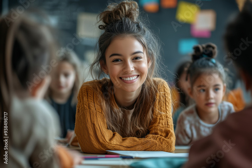 A joyful mature teacher engages with students in a lively classroom setting during an inspiring lesson