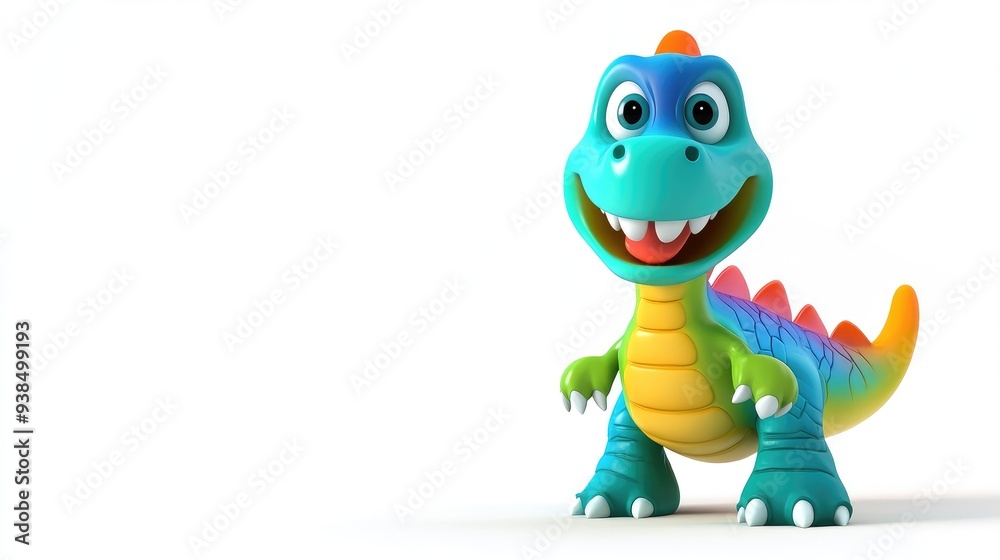 Obraz premium Vibrant 3D cartoon dinosaur with a friendly expression, bright scales, and a playful stance, set against a clean white background