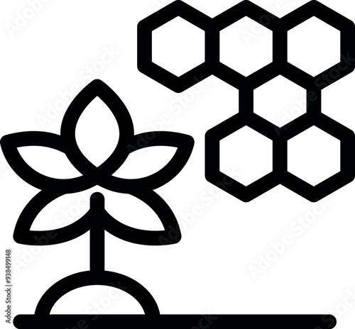 Simple vector icon representing organic honey production with a plant growing near a honeycomb structure
