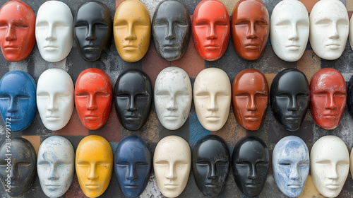 Faces of Identity: A compelling array of colorful masks, each representing a unique individual, arranged in a captivating grid against a textured background. The masks are a powerful symbol of the div photo