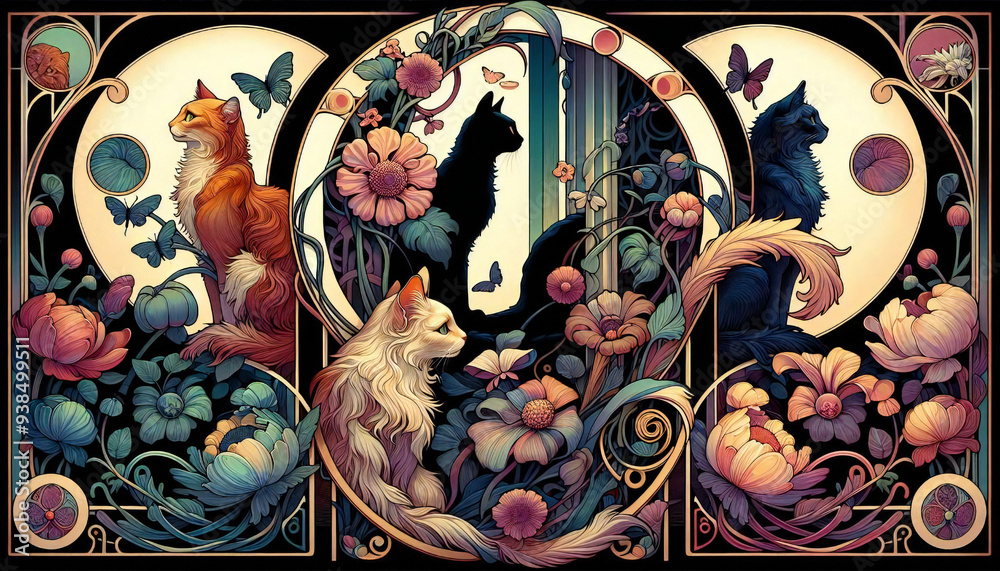 Obraz premium Decorative painting of flowers and a cat, generated by AI. 
