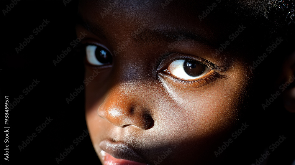 A Child's Gaze: A close-up portrait of a young child's face, bathed in a sliver of light, their intense gaze piercing through the darkness. A powerful image evocative of innocence, vulnerability, and 