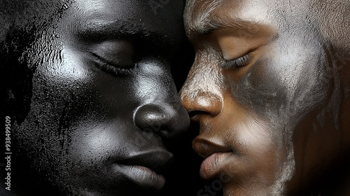 Shades of Unity: A powerful portrait of two Black men, their faces adorned with black and white paint, symbolizing the beauty of diversity and the strength of connection.  
