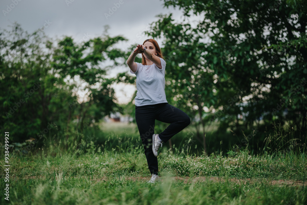 A woman performs a yoga pose in a tranquil park surrounded by lush greenery, embodying peace, mindfulness, and connection with nature. A woman performs a yoga pose in a tranquil park surrounded by lush greenery, embodying peace, mindfulness, and connection with nature.