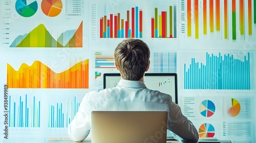 A statistician analyzing data on a laptop, surrounded by colorful charts and graphs, with a light solid color background