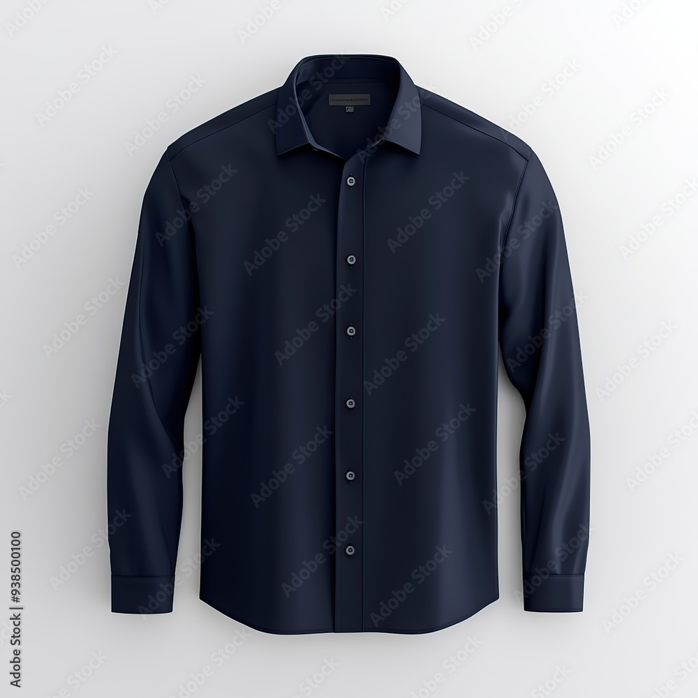 A dark blue, long-sleeved, collared button-down shirt isolated on a white background. A dark blue, long-sleeved, collared button-down shirt isolated on a white background.