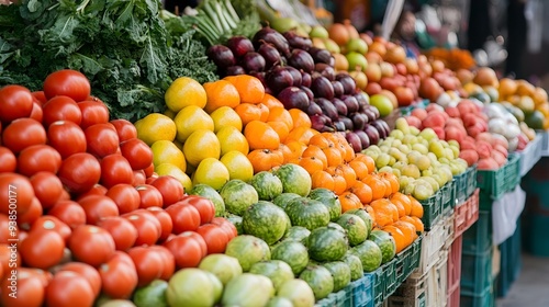 Fototapeta Naklejka Na Ścianę i Meble -  A bustling street vendor selling colorful fruits and vegetables in an urban market, with a light solid color background
