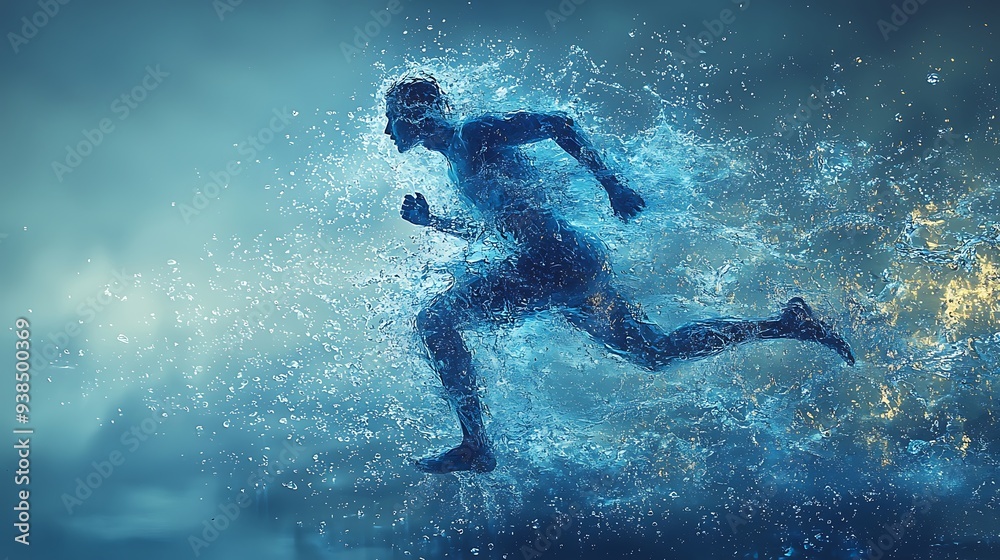 The human body shape of a running man filled with blue water on a blue gradient background - sport or fitness hydration, healthy lifestyle or wellness concept design The human body shape of a running man filled with blue water on a blue gradient background - sport or fitness hydration, healthy lifestyle or wellness concept design
