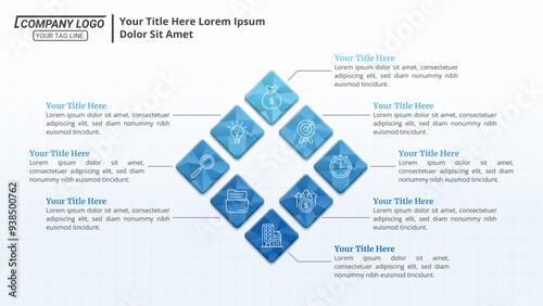 Diagram Infographic Timeline with 8 Steps and Editable Text on a 16:9 Layout for Business Presentations, Management, and Evaluation.