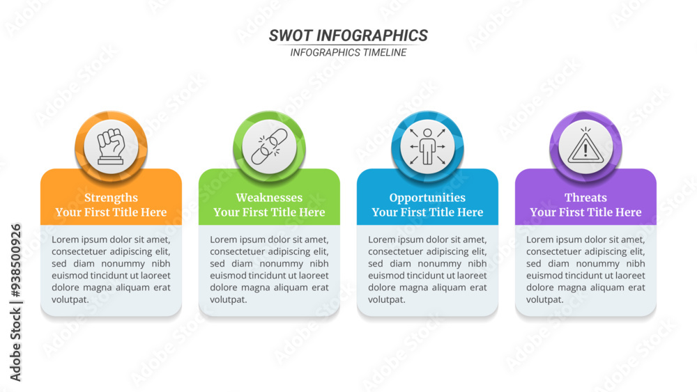 Fototapeta premium Horizontal SWOT Analysis Infographic With 4 Steps and Editable Text for Business Presentations, Management, and Evaluation.