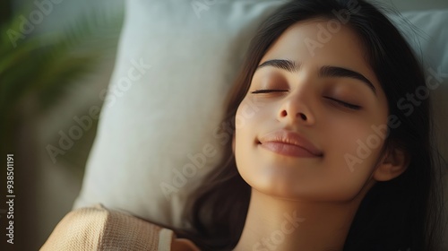 Calm Indian woman closed eyes spend carefree weekend enjoy lazy leisure breath fresh conditioned air inside cozy room No stress climate control smart home modern furniture comfort life : Generative AI