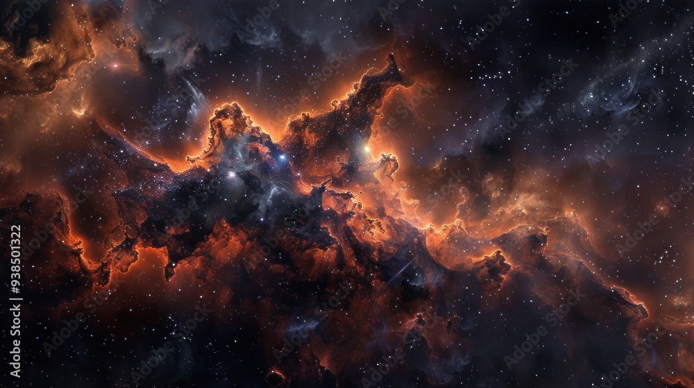 Fiery cosmic nebula with stars and glowing gases in deep space. Fiery cosmic nebula with stars and glowing gases in deep space.