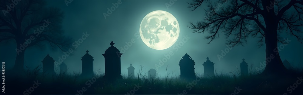 A spooky moonlit graveyard with gravestones and eerie, fog-covered trees under a glowing full moon A spooky moonlit graveyard with gravestones and eerie, fog-covered trees under a glowing full moon