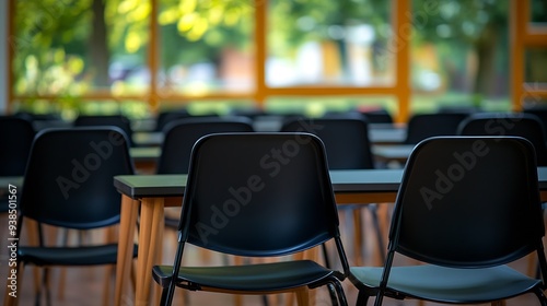 Empty classroom with black chairs and small tables for writing notes without students and teachers : Generative AI