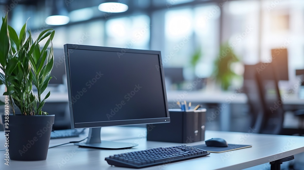 Empty office computer and business interior on desk company furniture and workspace Vacant workplace corporate setup and technology on table professional design and detail at modern ag : Generative AI