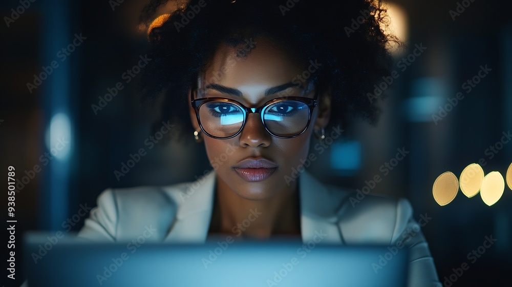 Pensive AfricanAmerican executive read information on laptop in dark empty office Businesswoman work on computer late in modern office : Generative AI Pensive AfricanAmerican executive read information on laptop in dark empty office Businesswoman work on computer late in modern office : Generative AI