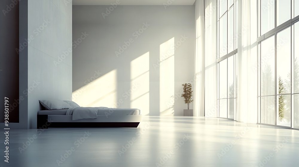 Fototapeta premium minimalistic stylish interior of luxury apartment with white stylish bedroom and dark living room modern apartments with an open layout during the day without people and amazing sun ra : Generative AI