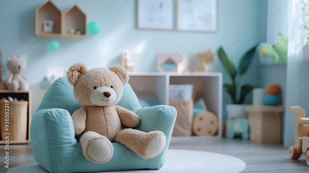 Scandinavian interior design of playroom with modern climbing wall for kids design furnitures mint armchair soft toys teddy bear and cute childrens accessories Mock up poster frame Tem : Generative AI