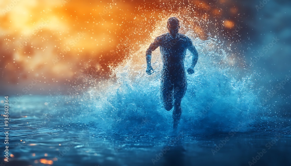 The human body shape of a running man filled with blue water on a blue gradient background - sport or fitness hydration, healthy lifestyle or wellness concept design The human body shape of a running man filled with blue water on a blue gradient background - sport or fitness hydration, healthy lifestyle or wellness concept design
