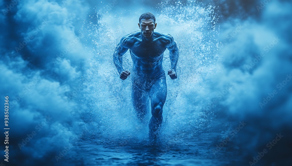 Fototapeta premium The human body shape of a running man filled with blue water on a blue gradient background - sport or fitness hydration, healthy lifestyle or wellness concept design 