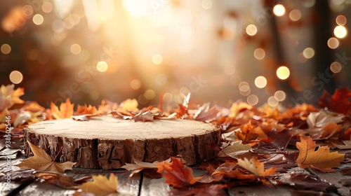 empty product podium on autumn forest background