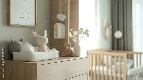 Baby room in scandinavian style Stylish newborn playroom Modern interior with grey walls and wooden accessories Pastel grey monochrome decoration Unisex nursery gender neutral calm col : Generative AI photo