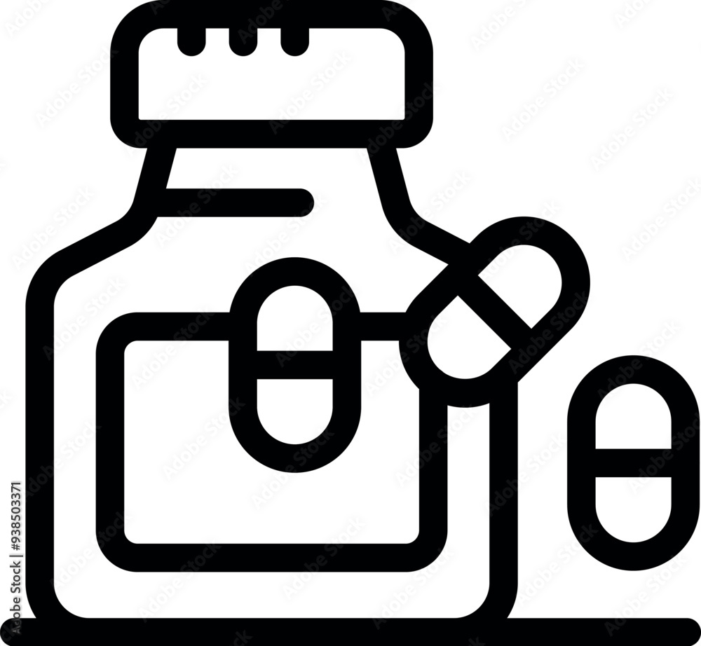 Simple line icon of a medical drugs bottle with pills spilling out Simple line icon of a medical drugs bottle with pills spilling out