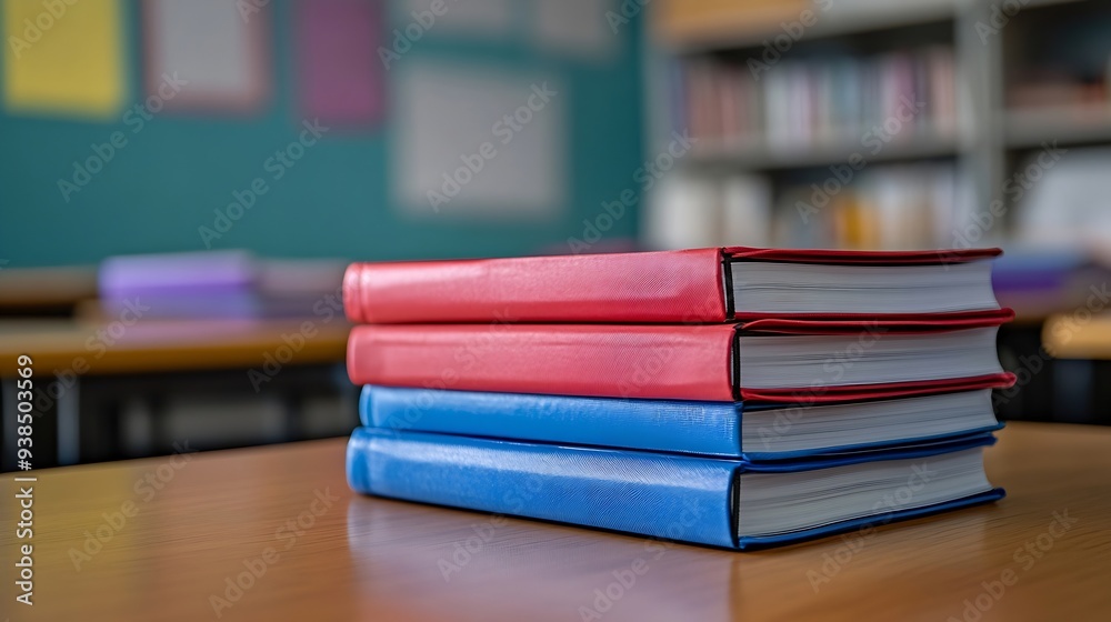 Stack of notebooks on wooden desk in empty classroom : Generative AI Stack of notebooks on wooden desk in empty classroom : Generative AI
