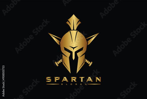 spartan logo and vector design helmet and head with cross swords , gym and fitness logo	