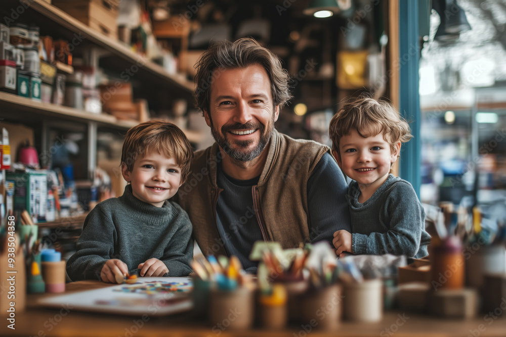 A joyful father creates art with his young children at a cozy craft studio during a sunny afternoon A joyful father creates art with his young children at a cozy craft studio during a sunny afternoon