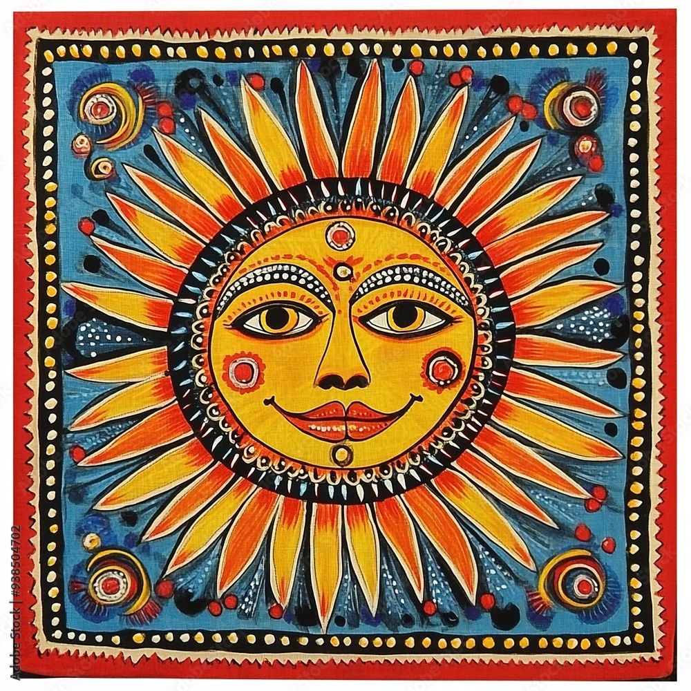 A vibrant and colorful hand-painted square wall hanging depicting the sun, adorned with intricate designs in reds, oranges, yellows, blues, black, and white. Traditional Madhubani style painting A vibrant and colorful hand-painted square wall hanging depicting the sun, adorned with intricate designs in reds, oranges, yellows, blues, black, and white. Traditional Madhubani style painting