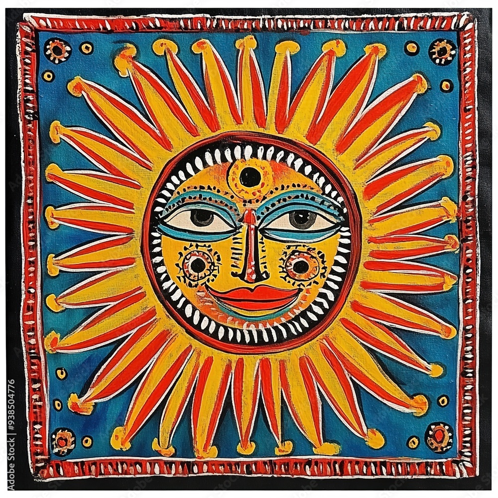 A vibrant and colorful hand-painted square wall hanging depicting the sun, adorned with intricate designs in reds, oranges, yellows, blues, black, and white. Traditional Madhubani style painting A vibrant and colorful hand-painted square wall hanging depicting the sun, adorned with intricate designs in reds, oranges, yellows, blues, black, and white. Traditional Madhubani style painting