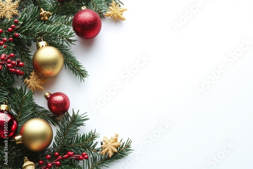 Festive Christmas border with red, gold ornaments and pine branches on a clean white background during the holiday season