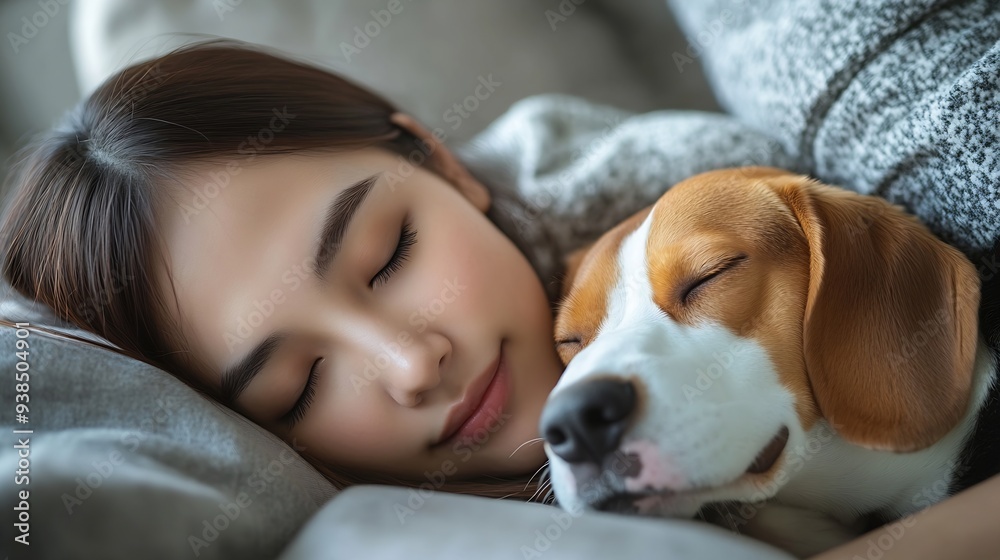 Embracing the essence of trust and love a young Asian woman and her Beagle dog nap together on the sofa in their living room highlighting their bond and togetherness Pet love : Generative AI Embracing the essence of trust and love a young Asian woman and her Beagle dog nap together on the sofa in their living room highlighting their bond and togetherness Pet love : Generative AI