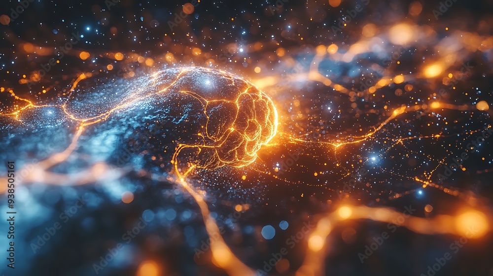  Human brain stimulation or activity with neuron close-up 3D rendering illustration. Neurology, cognition, neuronal network, psychology, neuroscience scientific concepts design 