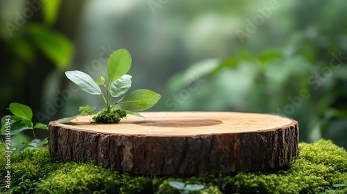 Wooden slice podium and green leaves on a green moss background Premium scene for product promotion beauty natural eco cosmetic Empty showcase display case : Generative AI photo